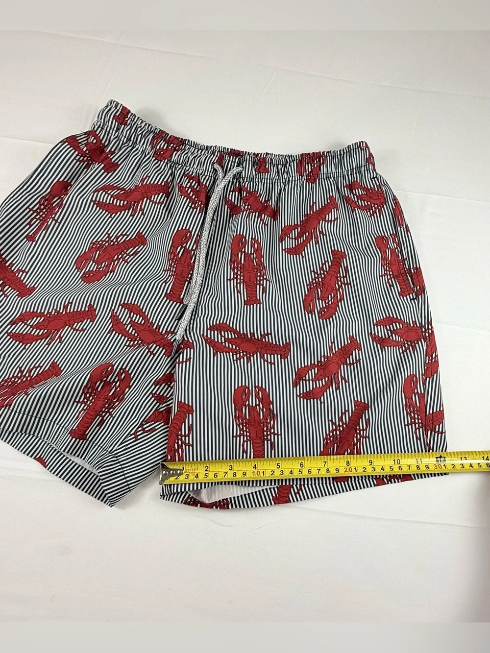 RAINFOREST Men's Red Lobster Print Swim Trunks on Navy Stripe